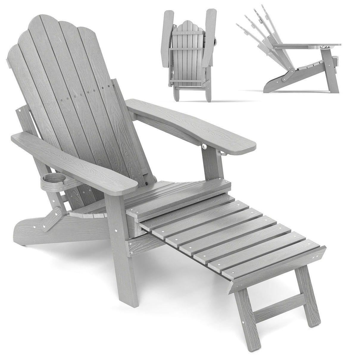 All-Weather HIPS Adirondack Chair with Retractable Footrest - Gray