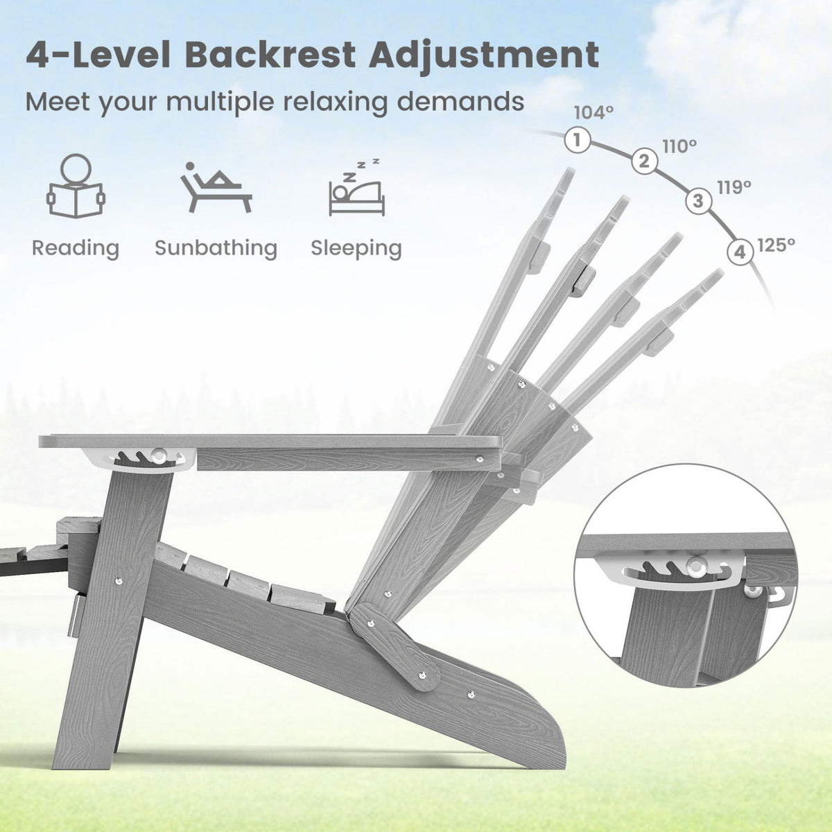 All-Weather HIPS Adirondack Chair with Retractable Footrest - Gray