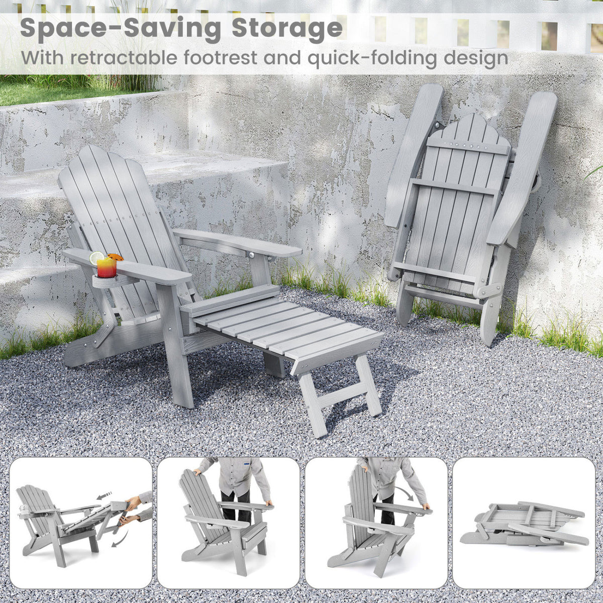 All-Weather HIPS Adirondack Chair with Retractable Footrest - Gray