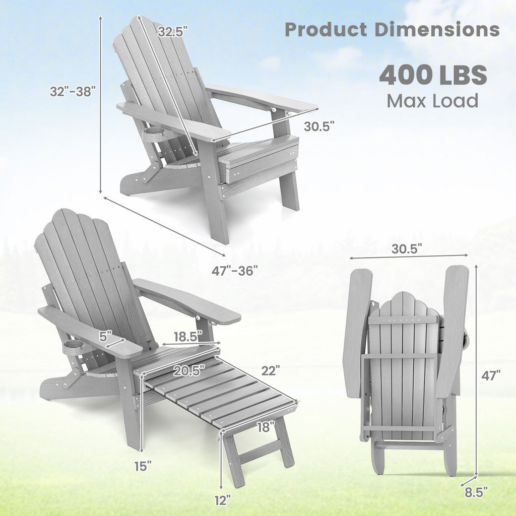 All-Weather HIPS Adirondack Chair with Retractable Footrest - Gray