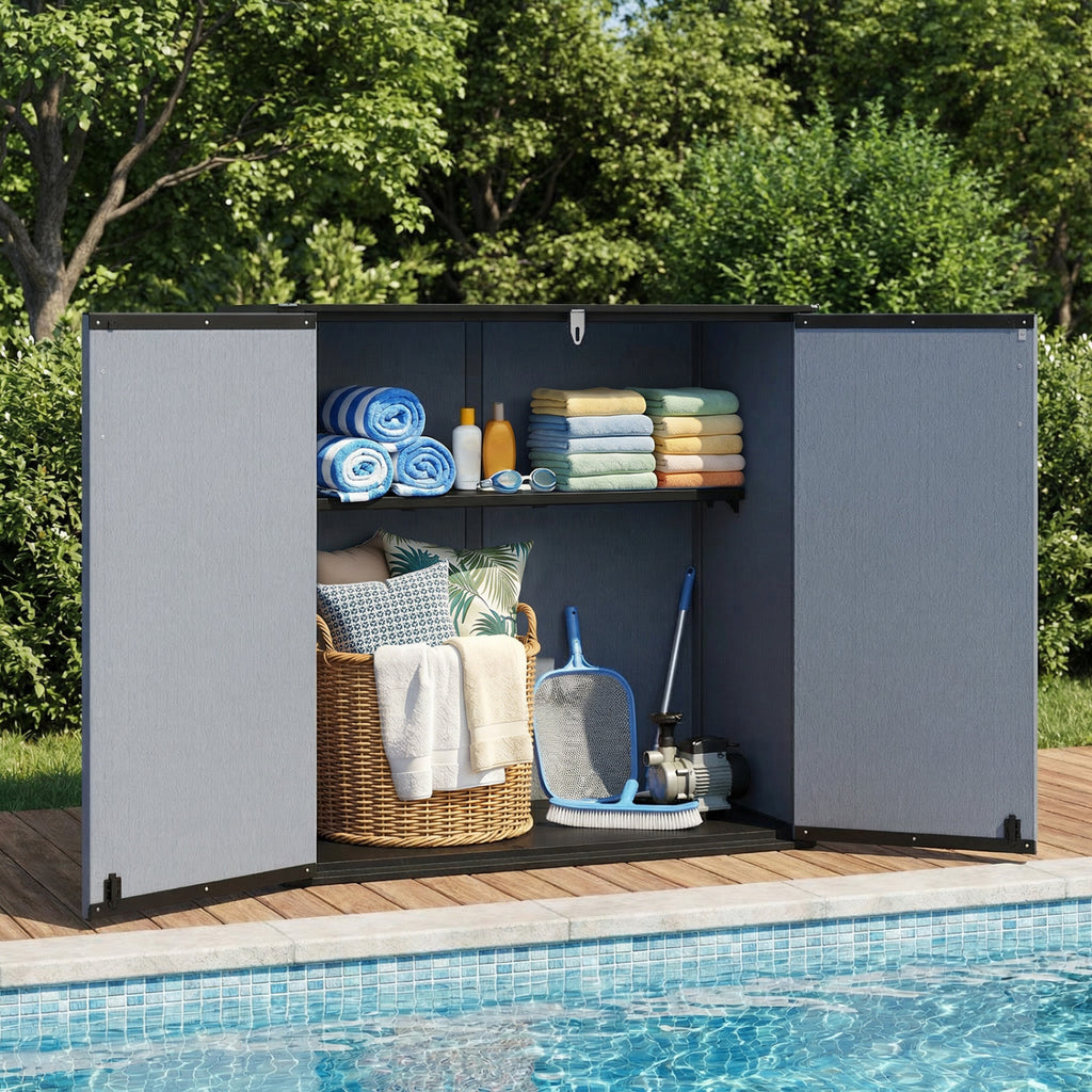 All-Weather Storage Box with Floor and Removable Shelf for Patio Lawn