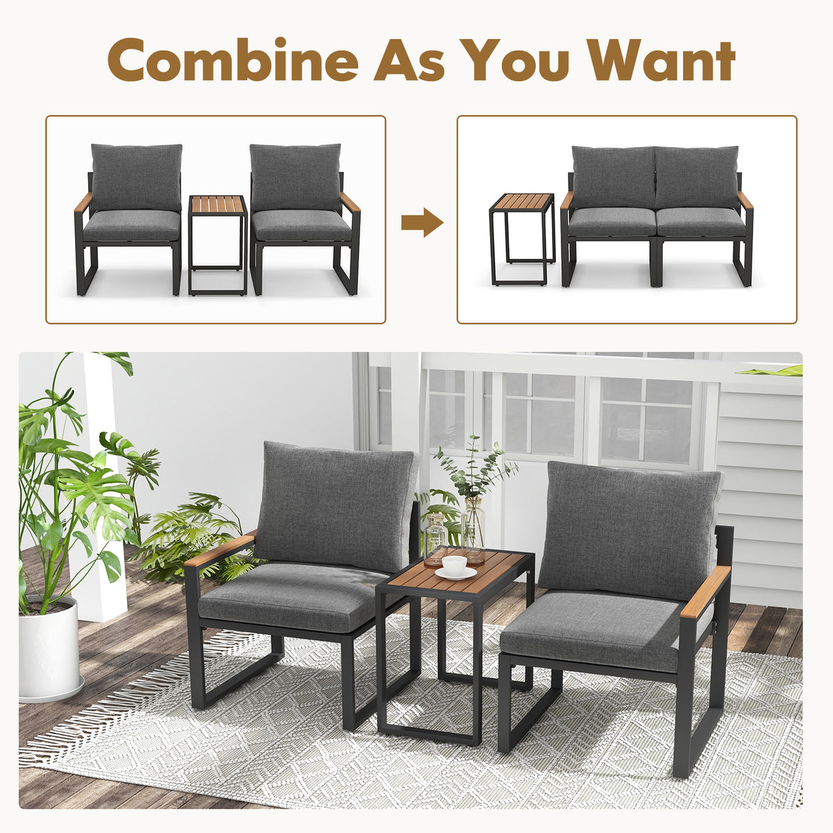 Aluminum Outdoor Conversation Set with Cushions - 3 Pieces, Gray