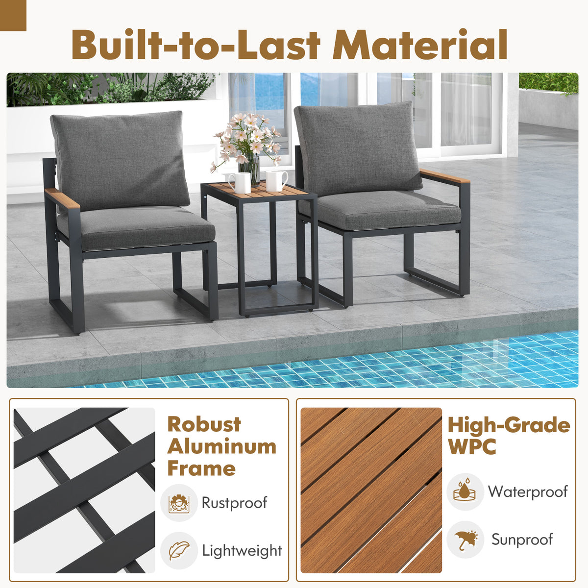 Aluminum Outdoor Conversation Set with Cushions - 3 Pieces, Gray