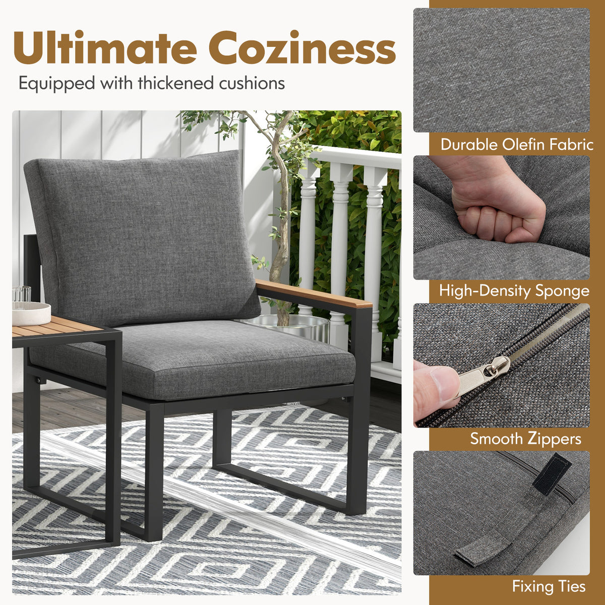 Aluminum Outdoor Conversation Set with Cushions - 3 Pieces, Gray