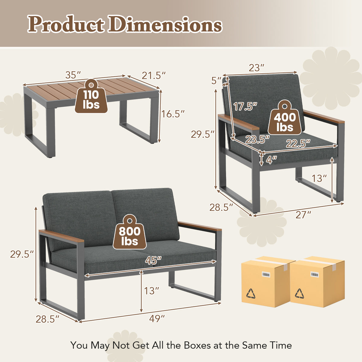 4 Piece Patio Aluminum Furniture Set with Armrests and Tabletop