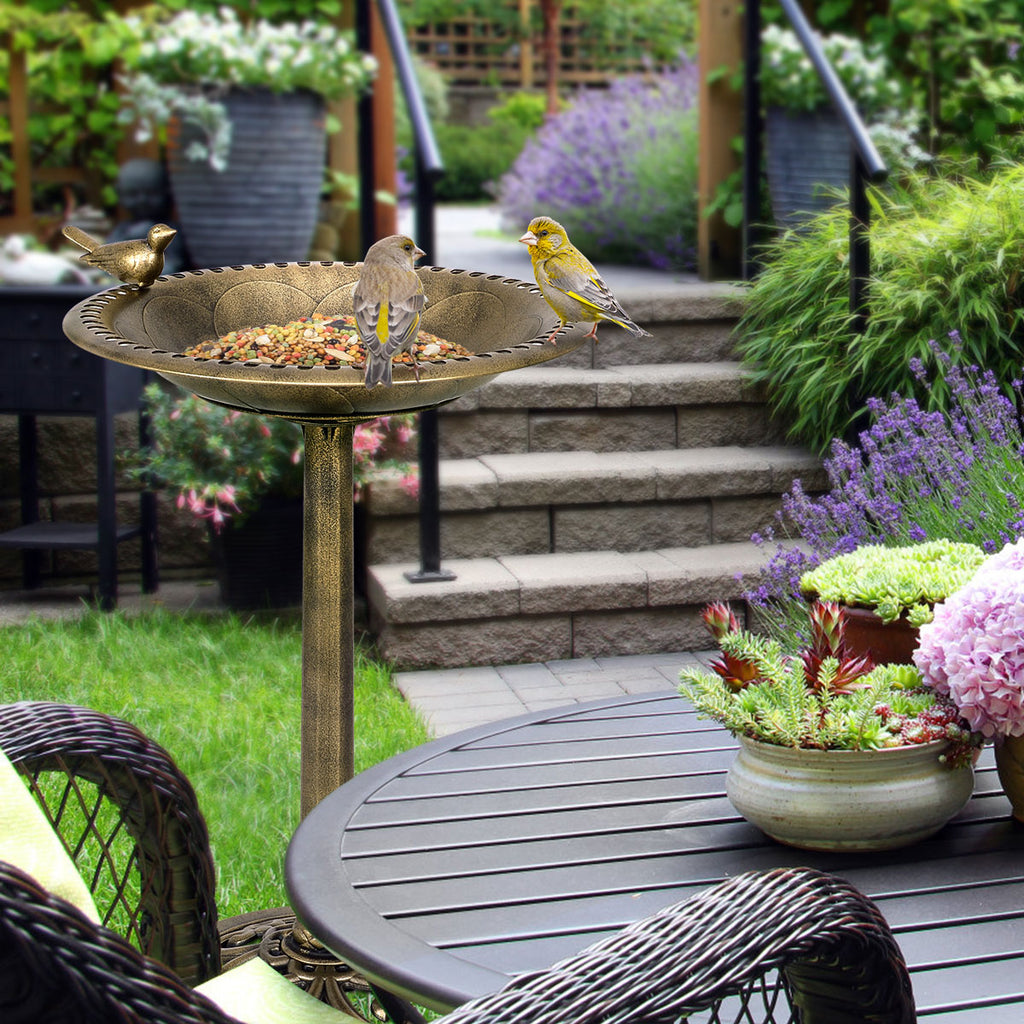 Antique Gold Freestanding Bird Bath with Bird Ornament Bowl - Garden Decor