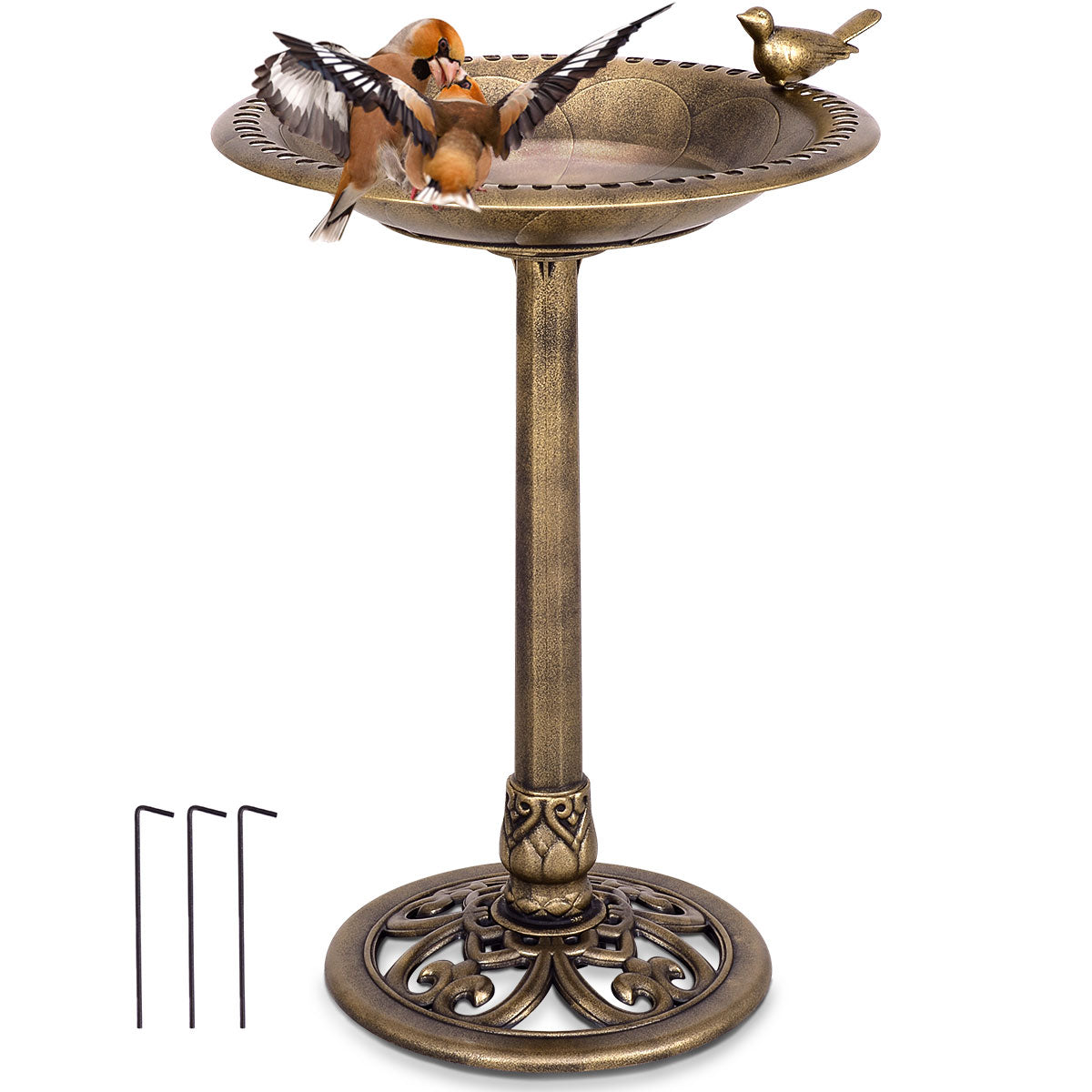 Antique Gold Freestanding Bird Bath with Bird Ornament Bowl - Garden Decor