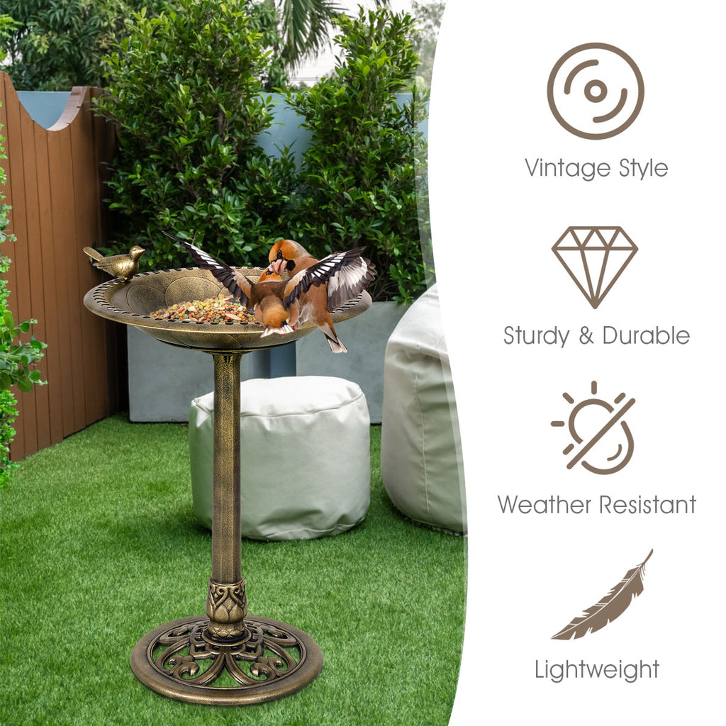 Antique Gold Freestanding Bird Bath with Bird Ornament Bowl - Garden Decor