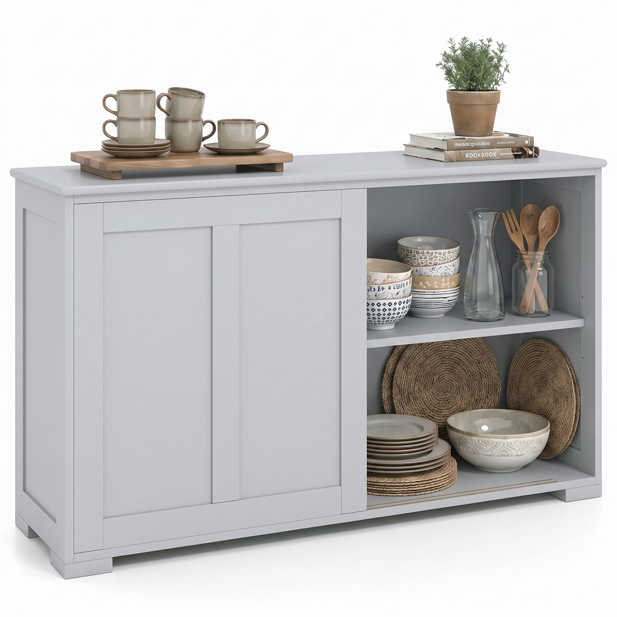 42-Inch Farmhouse Sideboard with Sliding Doors, Gray MDF