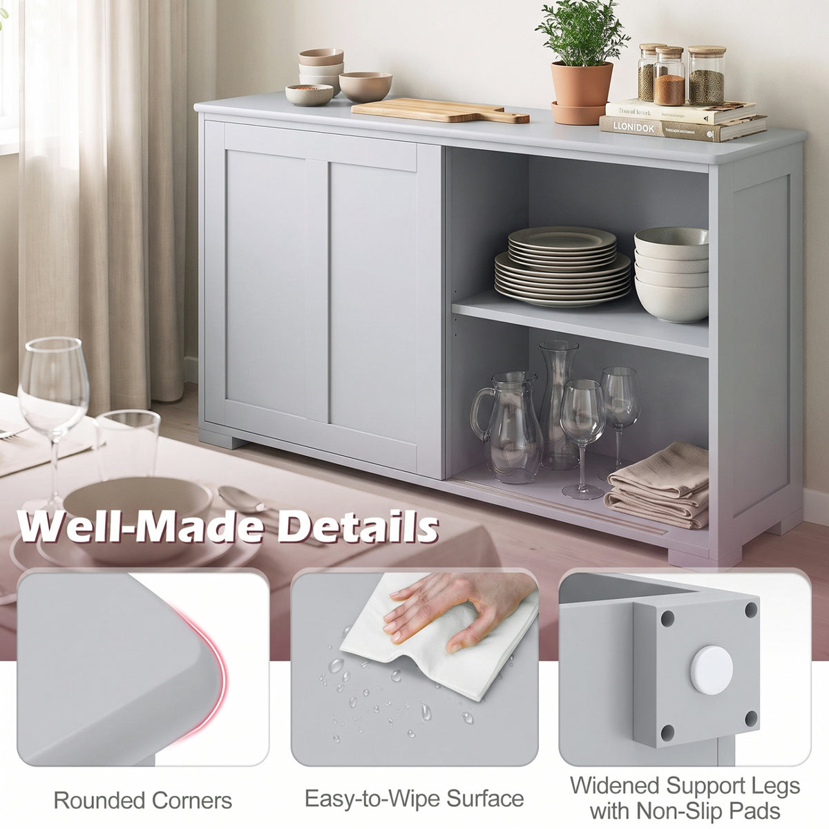 42-Inch Farmhouse Sideboard with Sliding Doors, Gray MDF