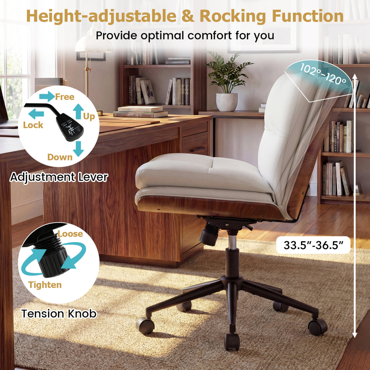 Armless Office Chair with Curved Backrest, Padded Seat - White Faux Leather