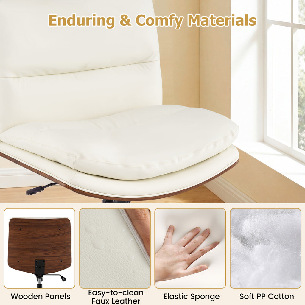 Armless Office Chair with Curved Backrest, Padded Seat - White Faux Leather