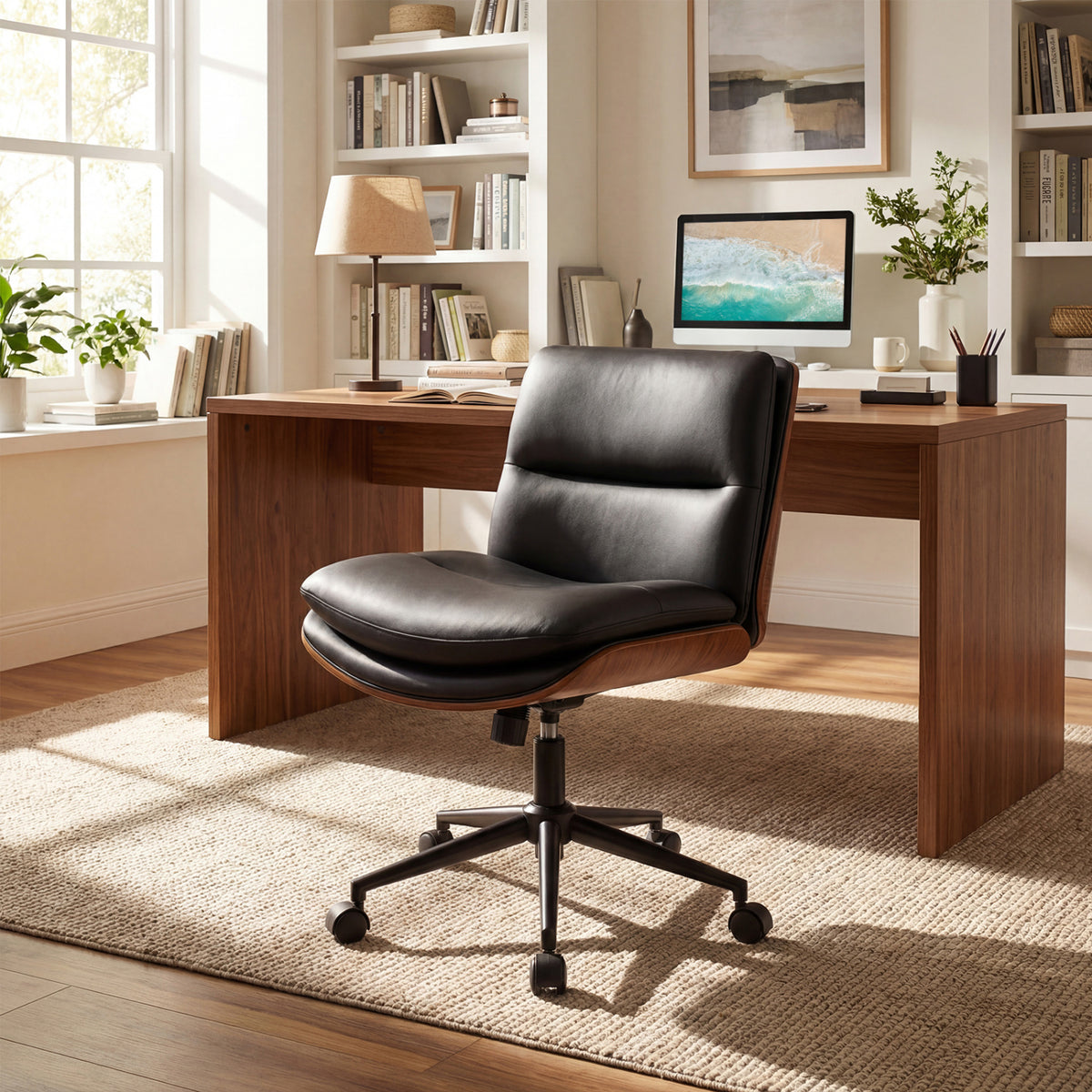 Armless Office Chair with Curved Backrest, Padded Seat - White Faux Leather