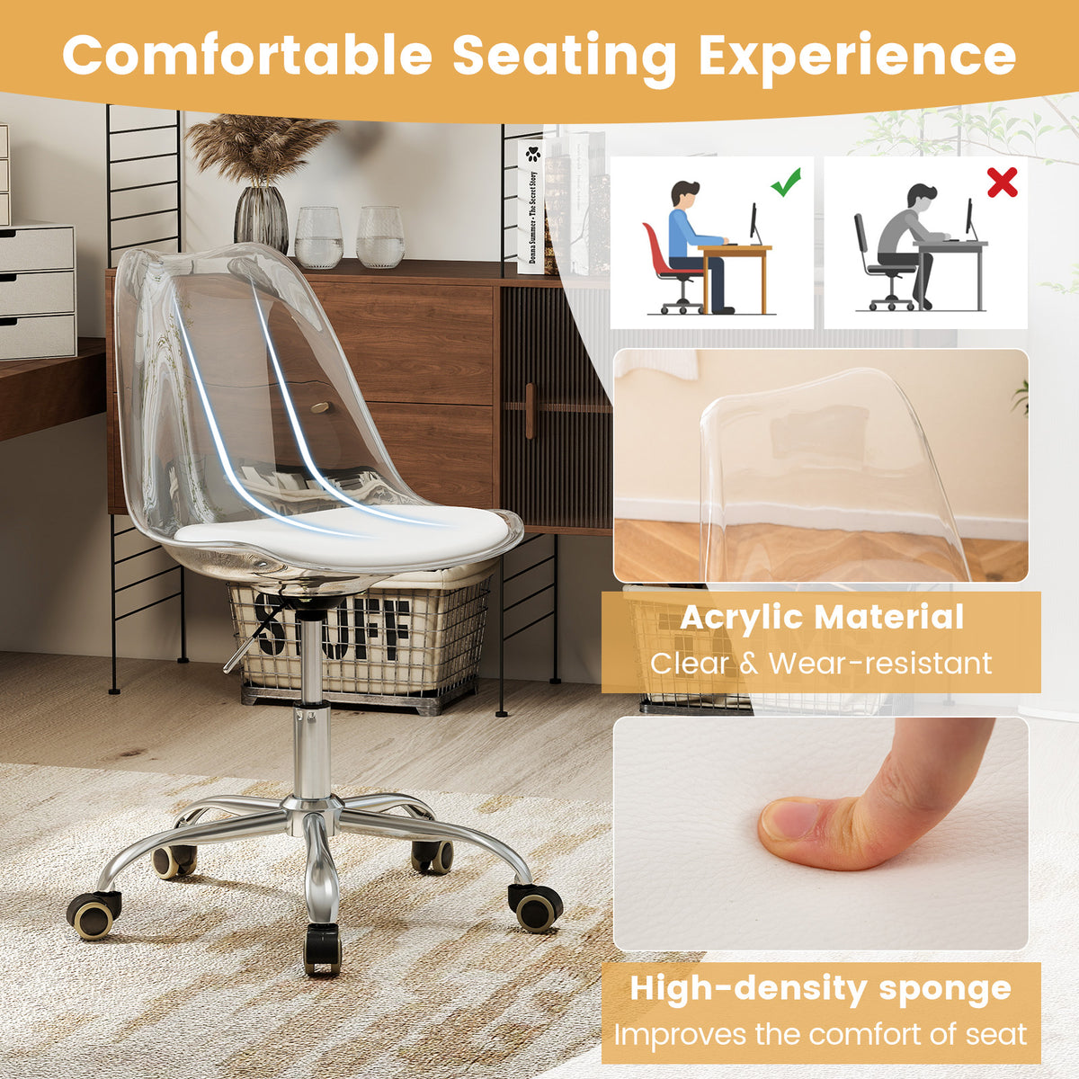 Armless Rolling Office Chair with Swivel Seat and PU Leather Cushion