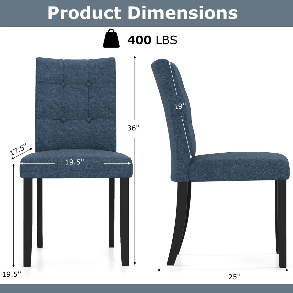 Tufted Dining Chairs Set of 2, Armless - Dark Blue