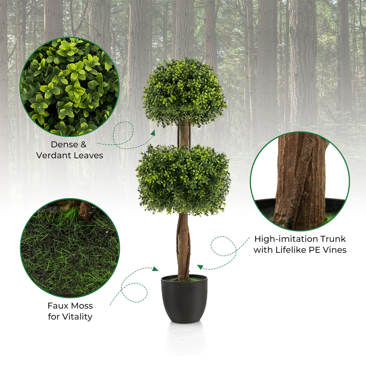 40 Inch Artificial Boxwood Topiary Tree Ball - Green Faux Outdoor Plant