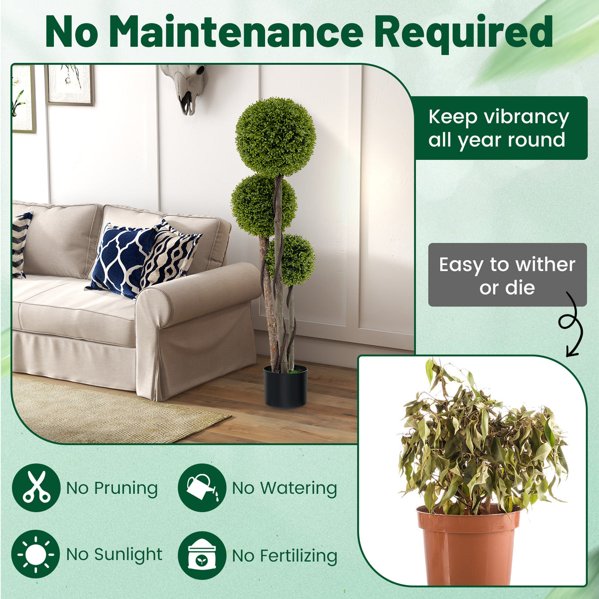 Artificial Boxwood Topiary Ball Tree in Weighted Pot - 4 FT with Triple Balls