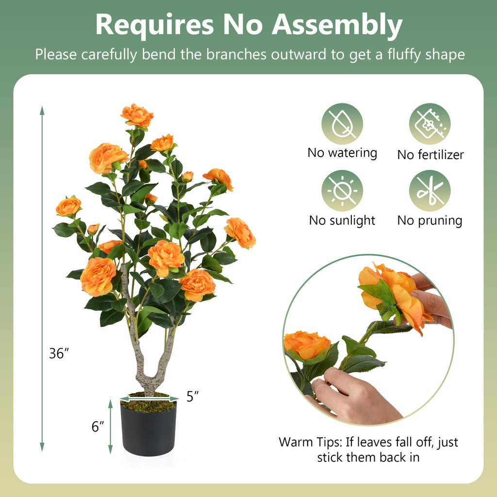 Artificial Camellia Tree 36 Inch with Blooming Orange Flowers - 1 Pack