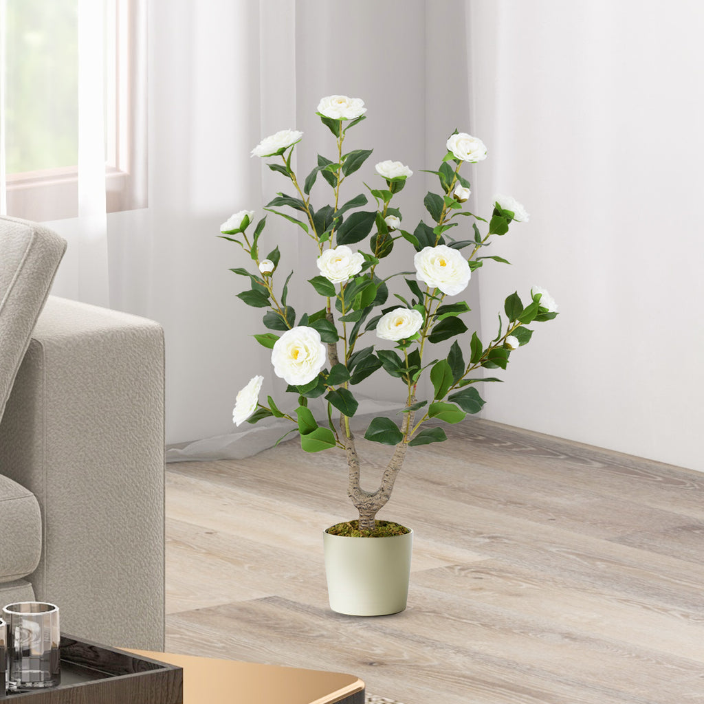 Artificial Camellia Tree 36 Inch with Blooming Flowers - 2 Pack, White