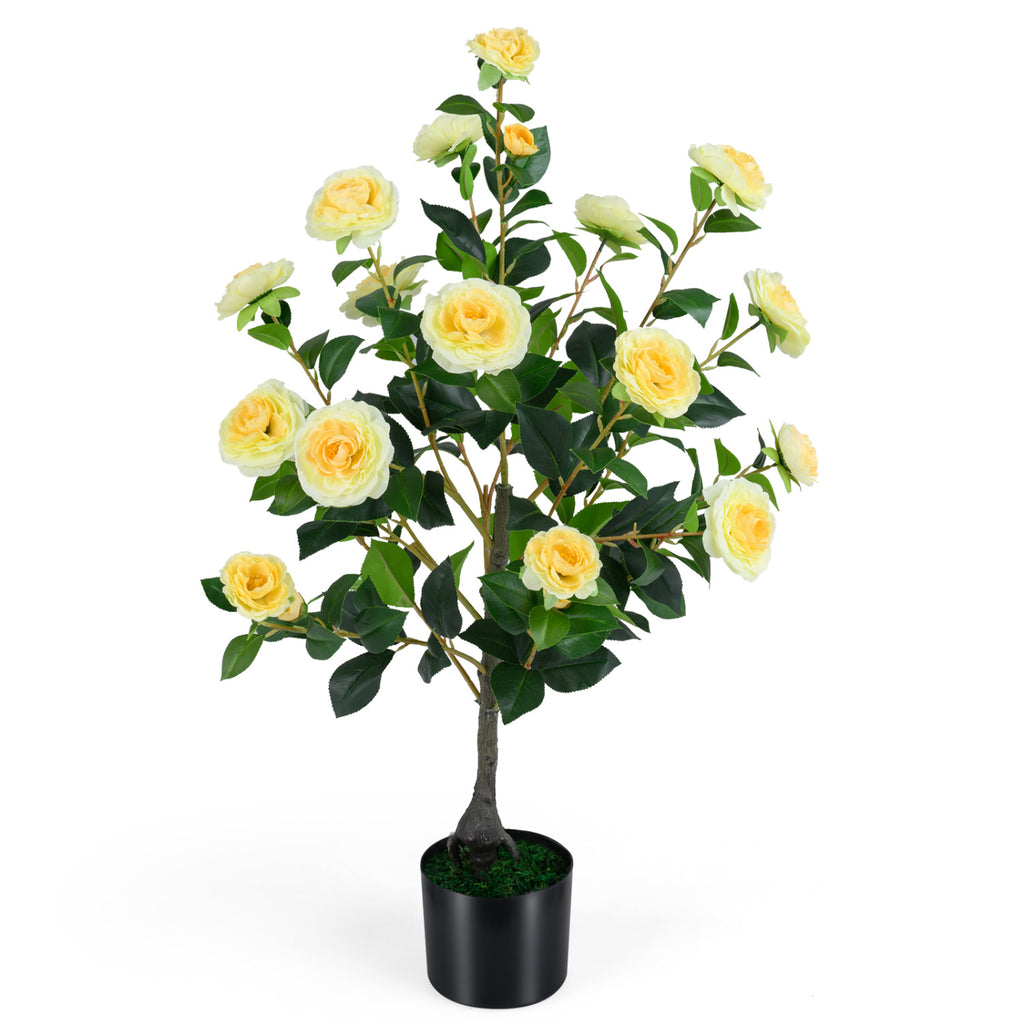 Artificial Camellia Tree 35.5 Inch Faux Flower Plant in Cement Pot - Yellow, 1 Pack