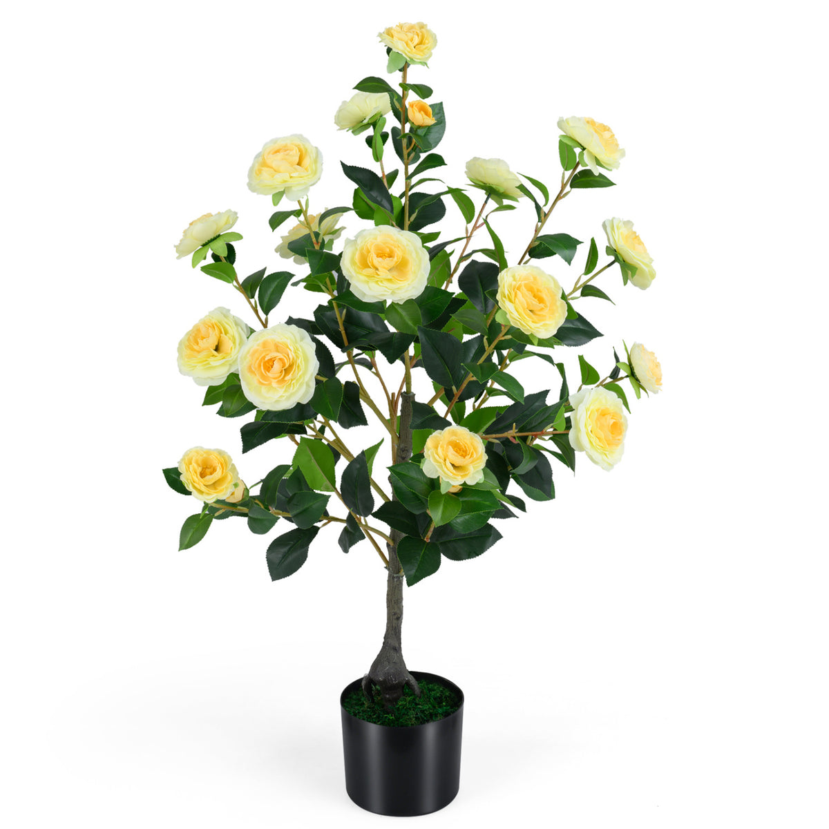 Artificial Camellia Tree 35.5 Inch Faux Flower Plant in Cement Pot - Yellow, 1 Pack