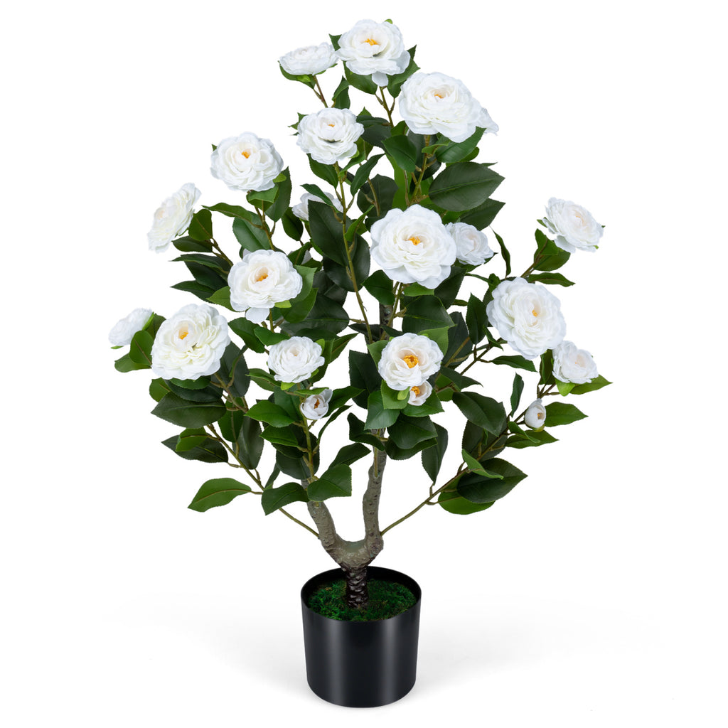 Artificial Camellia Tree 35.5 Inch White Faux Flower Plant in Cement Pot - Realistic Indoor Outdoor Decor