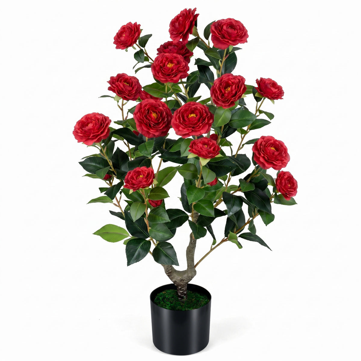 Artificial Camellia Tree 35.5 Inch Faux Flower Plant in Cement Pot - Red, 1 Pack