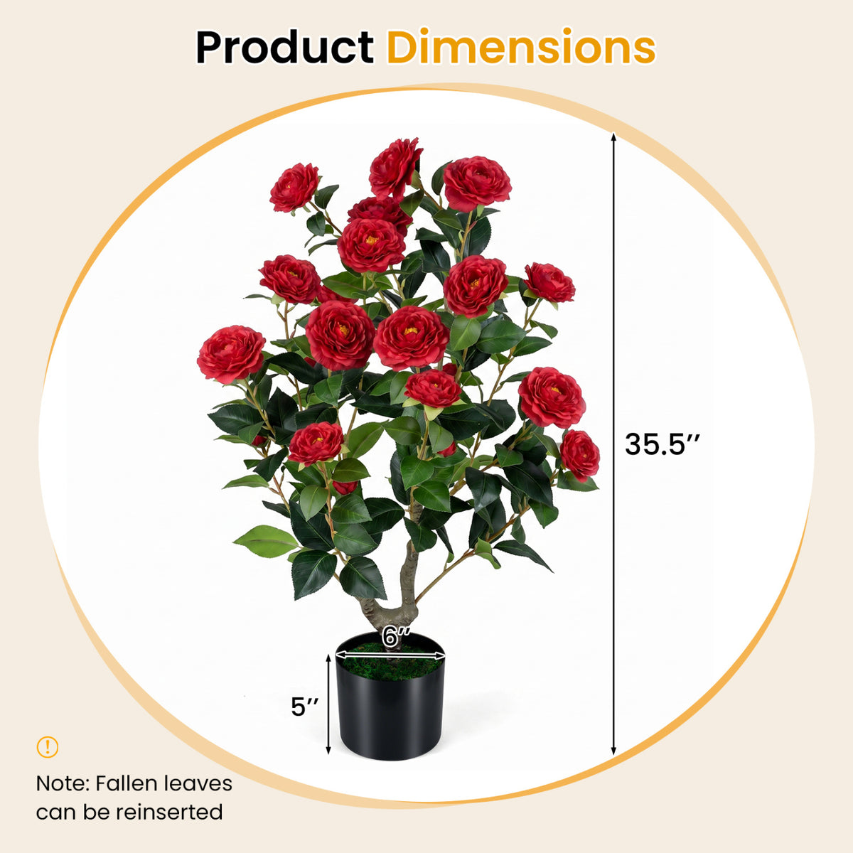 Artificial Camellia Tree 35.5 Inch Faux Flower Plant in Cement Pot - Red, 1 Pack