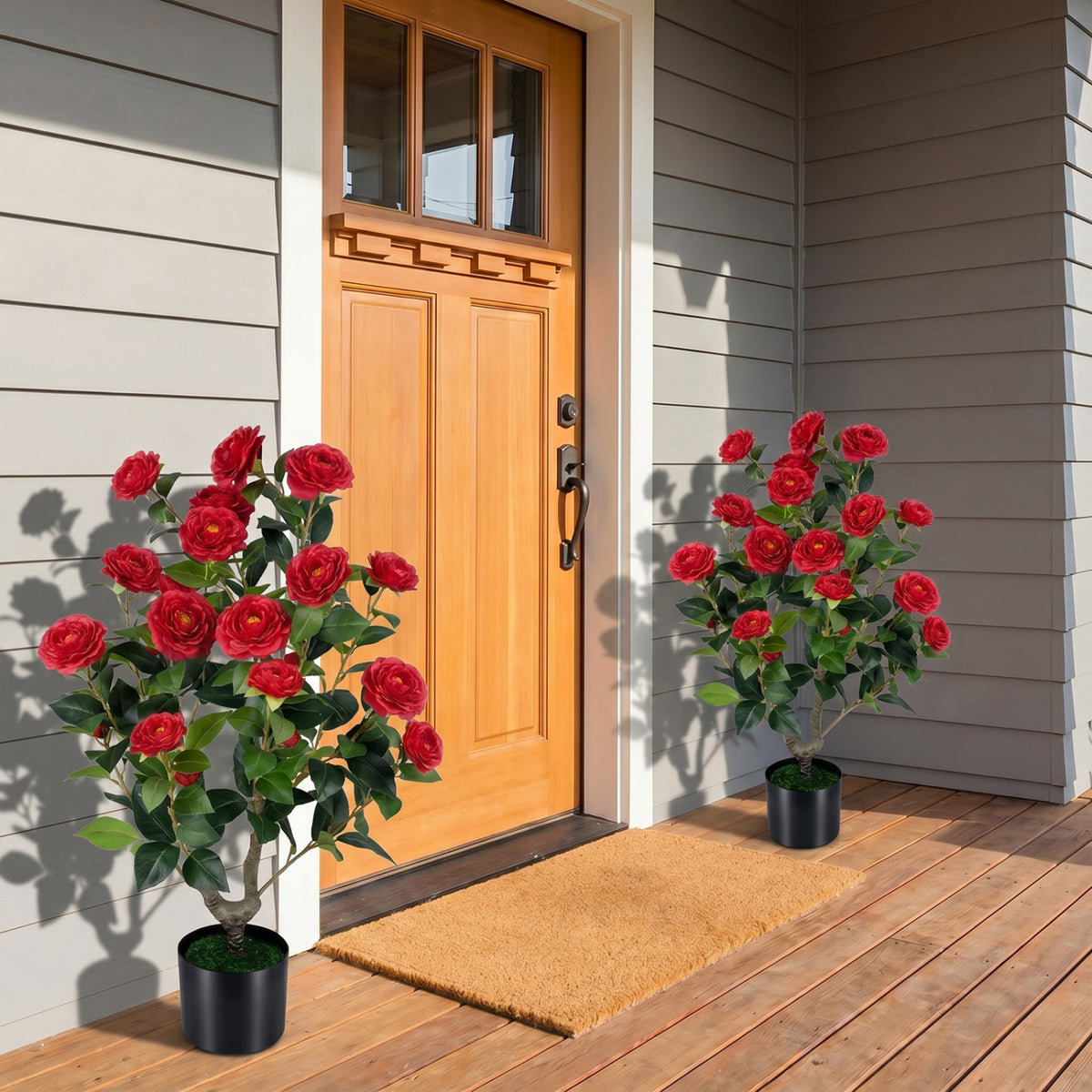 Artificial Camellia Tree 35.5 Inch Faux Flower Plant in Cement Pot - Red, 1 Pack