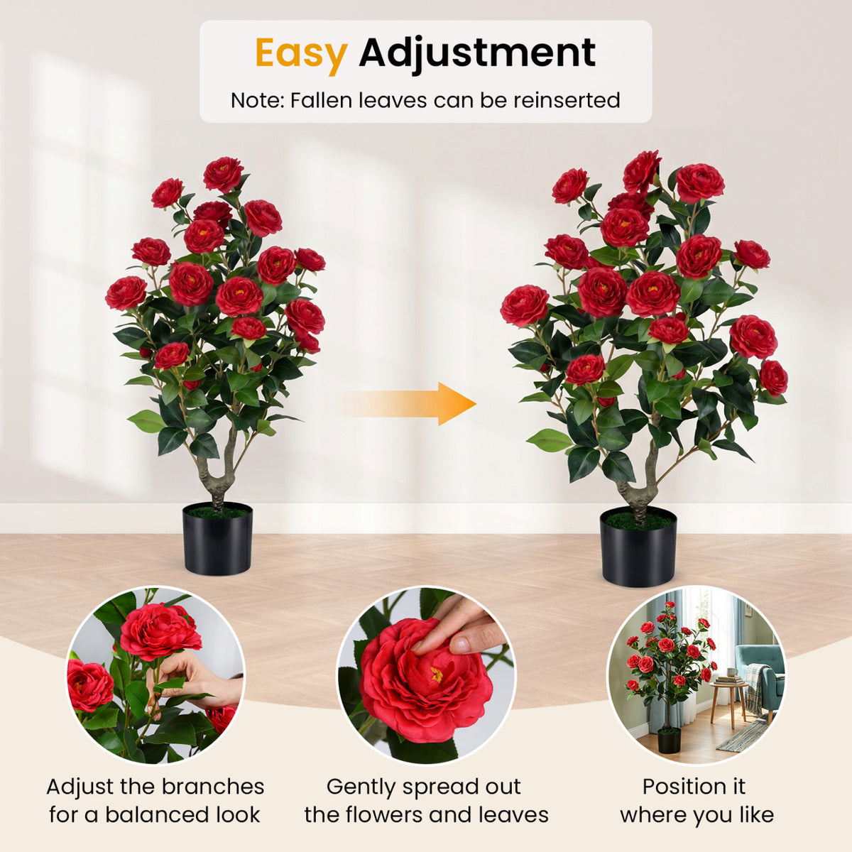 Artificial Camellia Tree 35.5 Inch Faux Flower Plant in Cement Pot - Red, 1 Pack