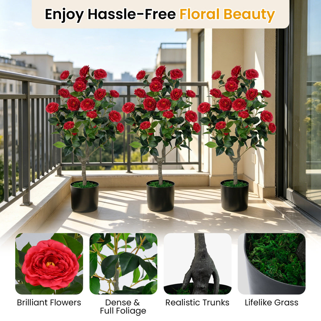 Artificial Camellia Tree 35.5 Inch Faux Flower Plant in Cement Pot - Red, 1 Pack