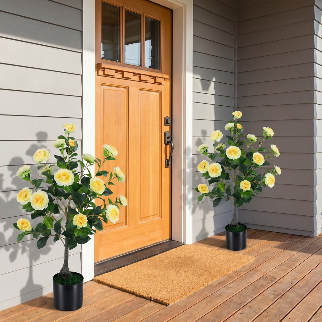 Artificial Camellia Tree 35.5 Inch Faux Flower Plant in Cement Pot - Yellow, 1 Pack