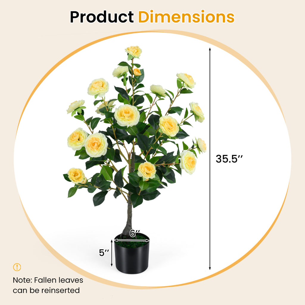 Artificial Camellia Tree 35.5 Inch Faux Flower Plant in Cement Pot - Yellow, 1 Pack