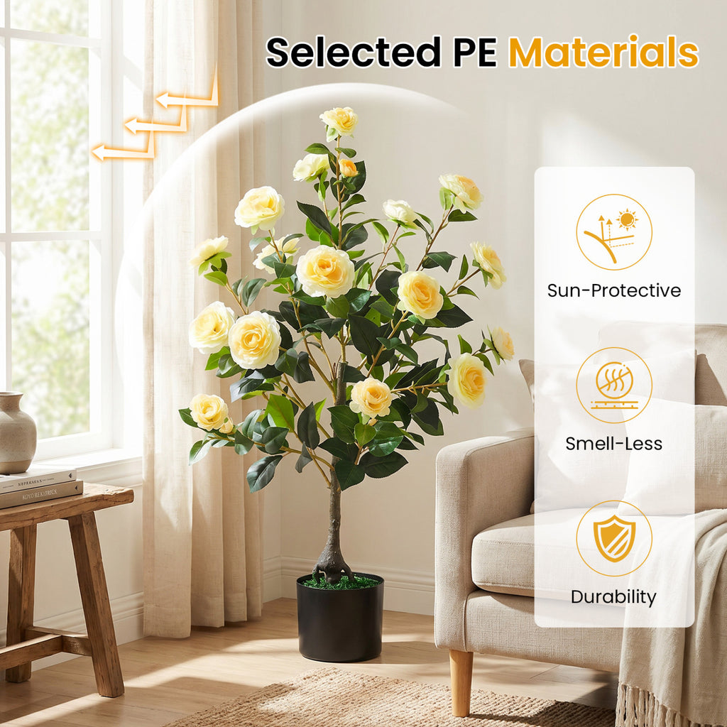 Artificial Camellia Tree 35.5 Inch Faux Flower Plant in Cement Pot - Yellow, 1 Pack