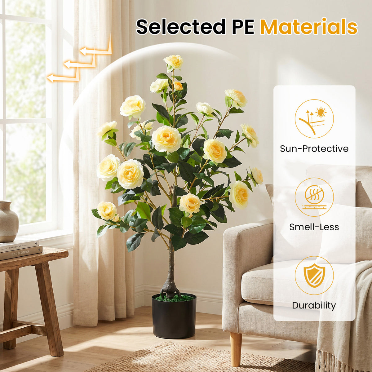 Artificial Camellia Tree 35.5 Inch Faux Flower Plant in Cement Pot - Yellow, 1 Pack