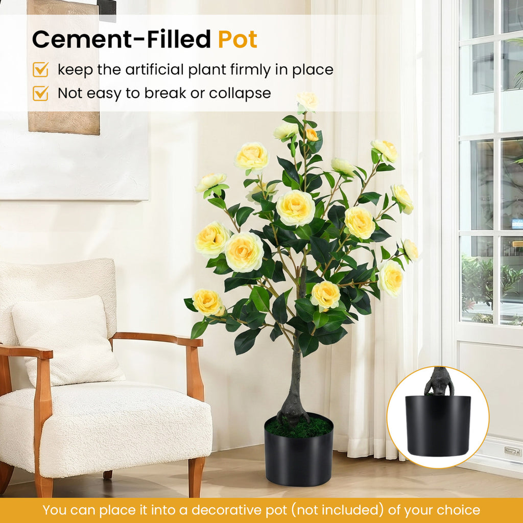 Artificial Camellia Tree 35.5 Inch Faux Flower Plant in Cement Pot - Yellow, 1 Pack