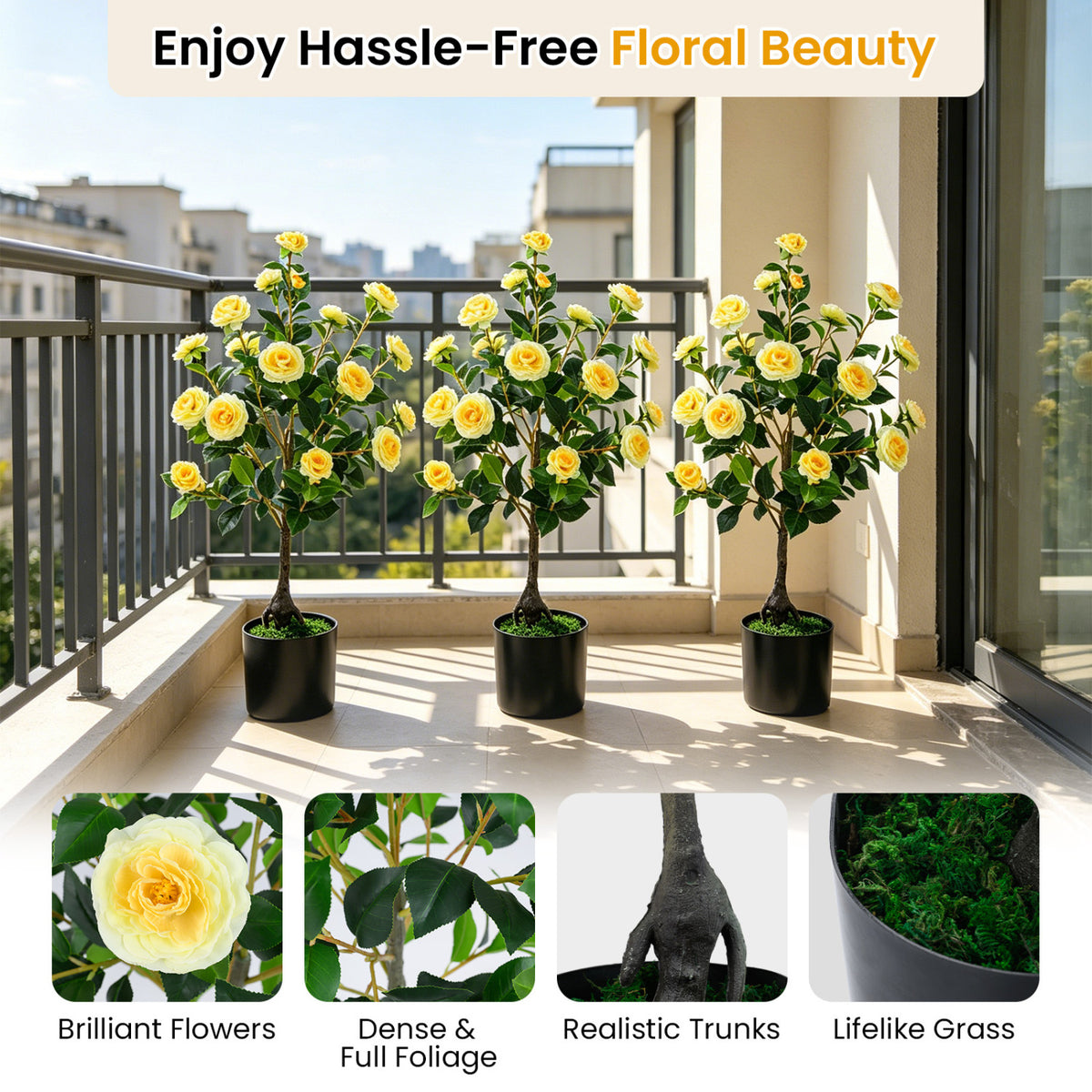 Artificial Camellia Tree 35.5 Inch Faux Flower Plant in Cement Pot - Yellow, 1 Pack