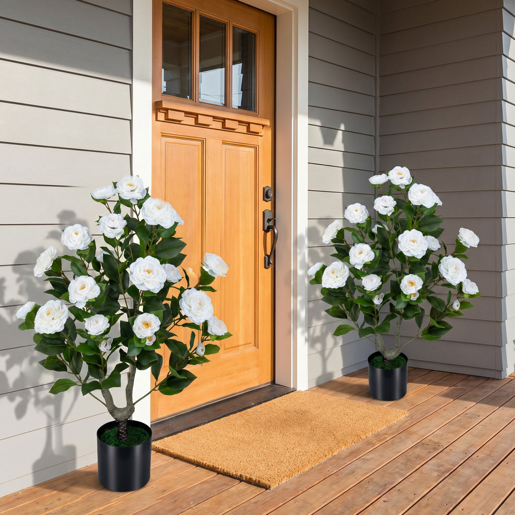 Artificial Camellia Tree 35.5 Inch White Faux Flower Plant in Cement Pot - Realistic Indoor Outdoor Decor