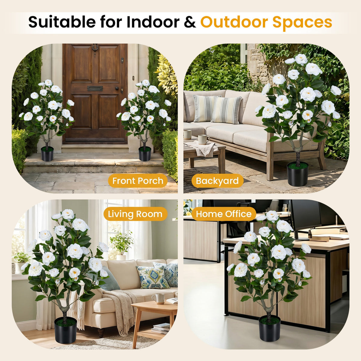 Artificial Camellia Tree 35.5 Inch White Faux Flower Plant in Cement Pot - Realistic Indoor Outdoor Decor