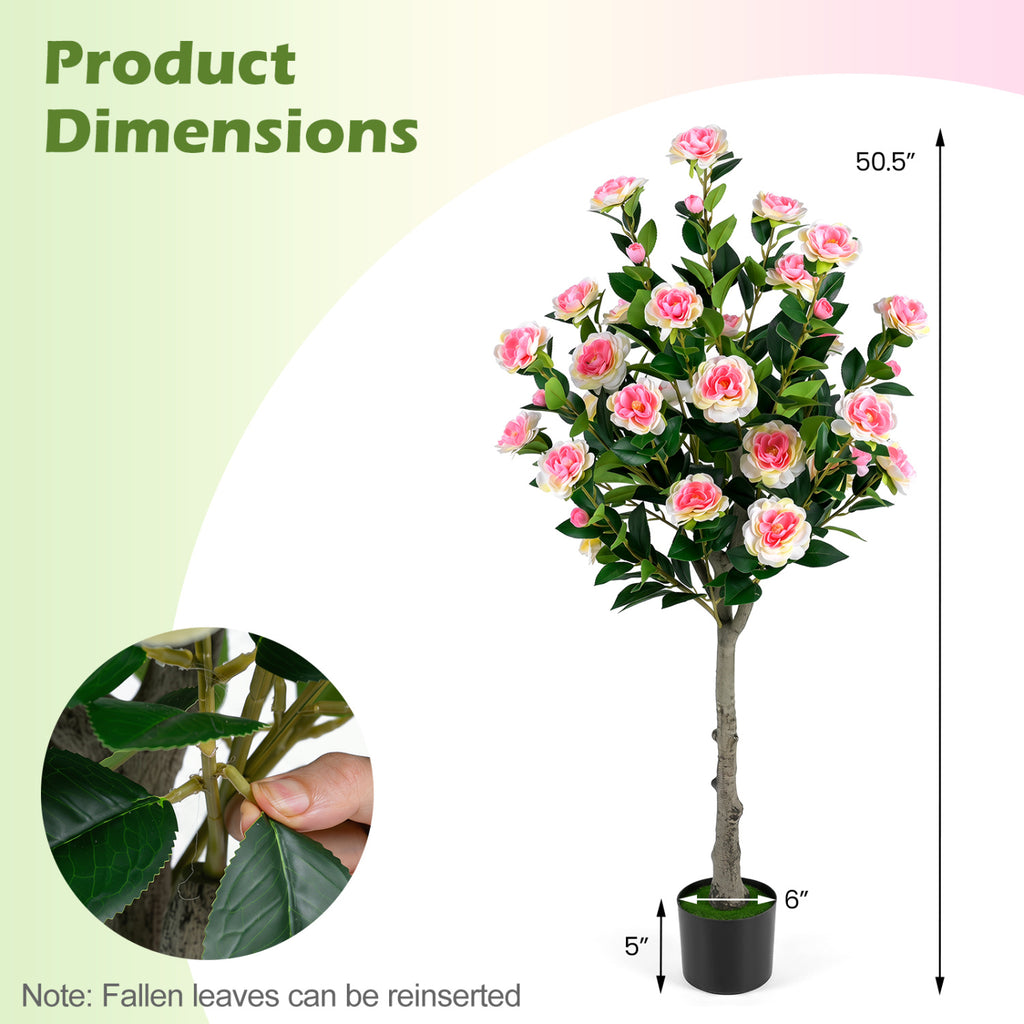 50.5-Inch Artificial Camellia Tree in Cement Pot with 27 Blossoms - Realistic Indoor Decor