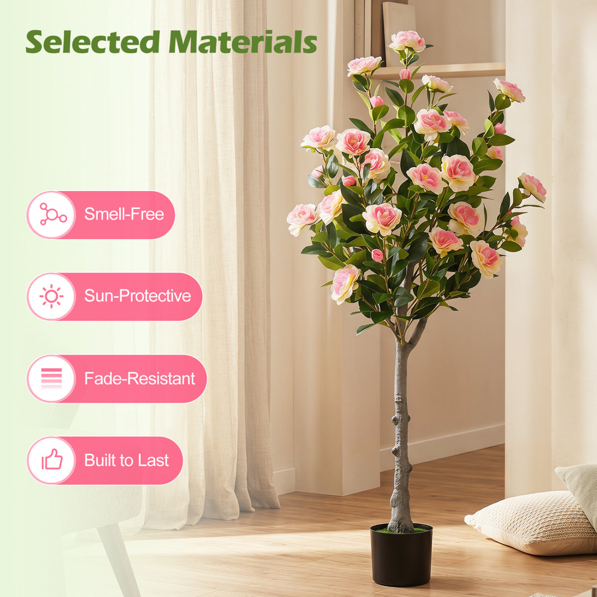 50.5-Inch Artificial Camellia Tree in Cement Pot with 27 Blossoms - Realistic Indoor Decor