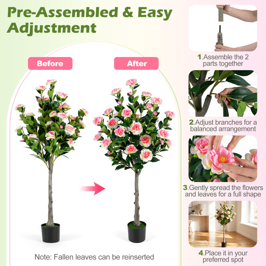 50.5-Inch Artificial Camellia Tree in Cement Pot with 27 Blossoms - Realistic Indoor Decor