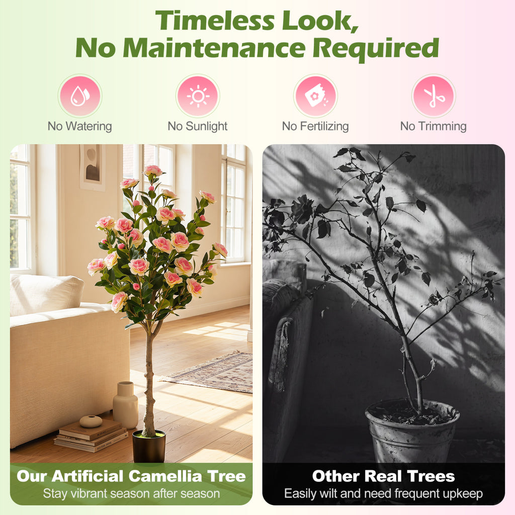 50.5-Inch Artificial Camellia Tree in Cement Pot with 27 Blossoms - Realistic Indoor Decor