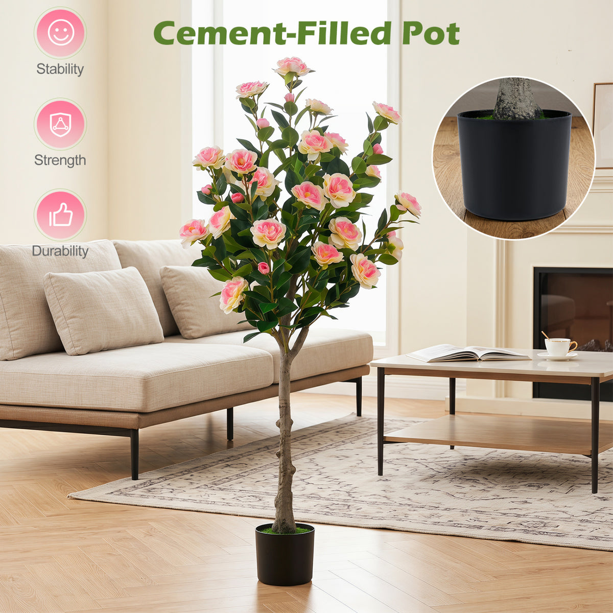 50.5-Inch Artificial Camellia Tree in Cement Pot with 27 Blossoms - Realistic Indoor Decor