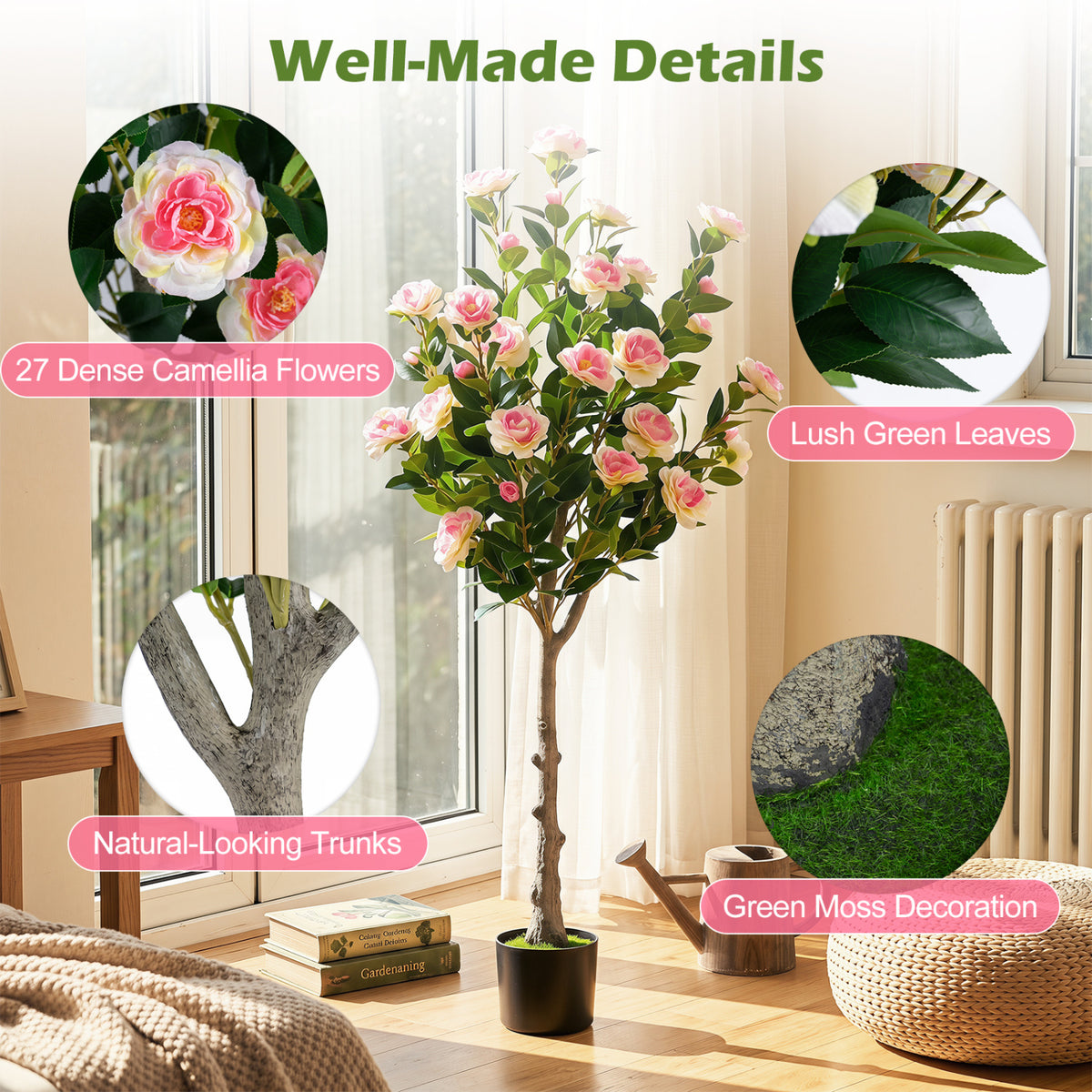 50.5-Inch Artificial Camellia Tree in Cement Pot with 27 Blossoms - Realistic Indoor Decor