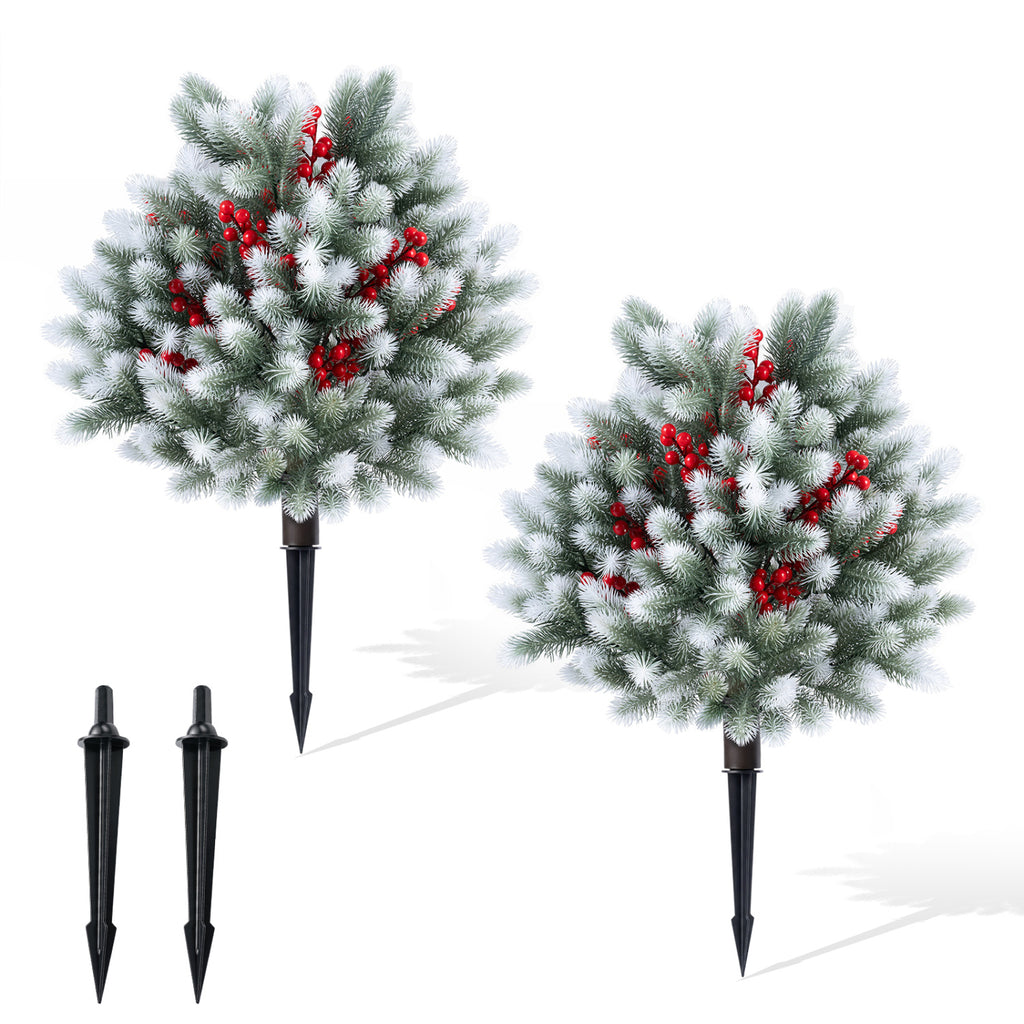 Artificial Cedar Topiary Set of 2 with Ground Spikes for Porch and Patio Winter Decor