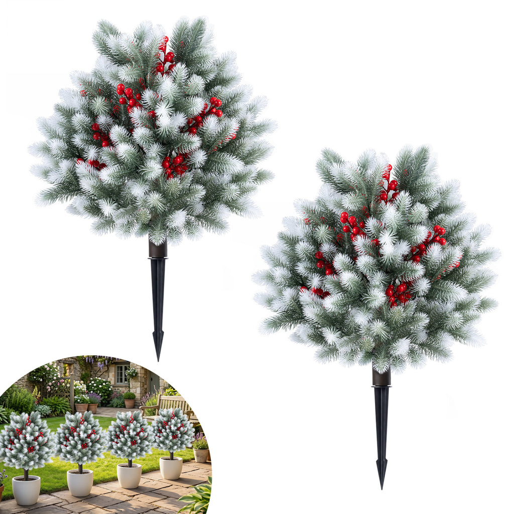 Artificial Cedar Topiary Set of 2 with Ground Spikes for Porch and Patio Winter Decor