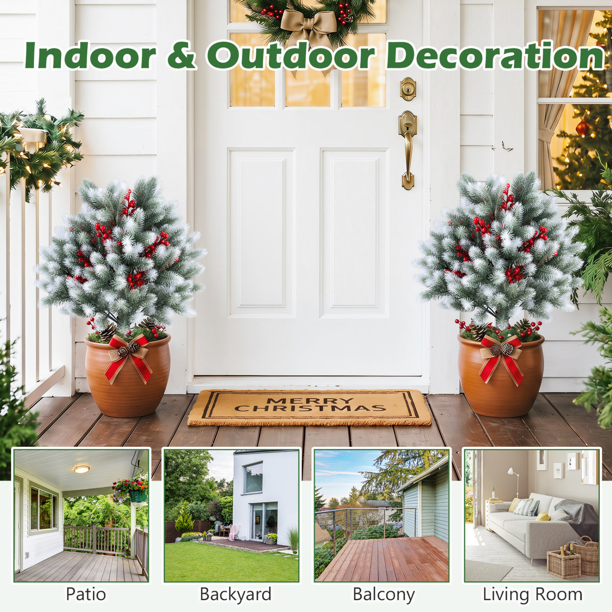 Artificial Cedar Topiary Set of 2 with Ground Spikes for Porch and Patio Winter Decor