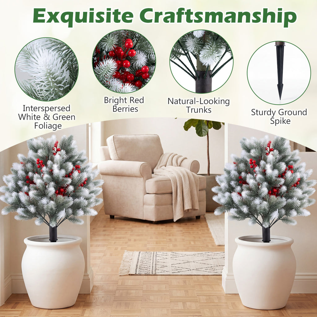 Artificial Cedar Topiary Set of 2 with Ground Spikes for Porch and Patio Winter Decor