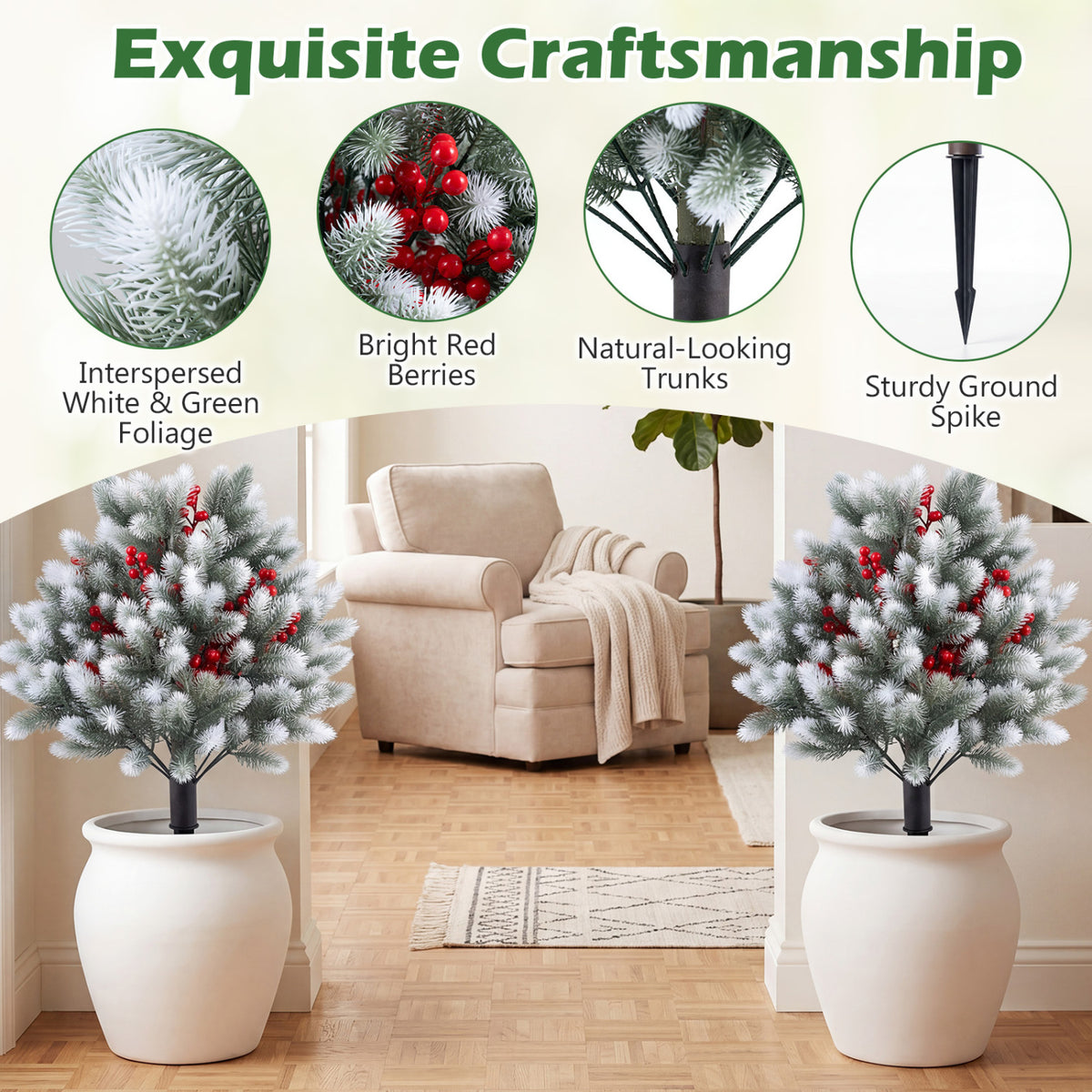 Artificial Cedar Topiary Set of 2 with Ground Spikes for Porch and Patio Winter Decor